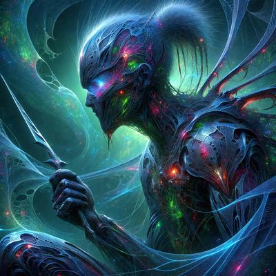 The primary subject of the image is a person, possibly a robot or an alien, with a sword in their hand. The setting is a space-like environment, with a backdrop of swirling colors and patterns. The visual style is digital art, with the person's body and the sword being the main focus of the image. The colors and mood are vibrant and energetic, with the swirling colors and patterns creating a sense of movement and excitement.
